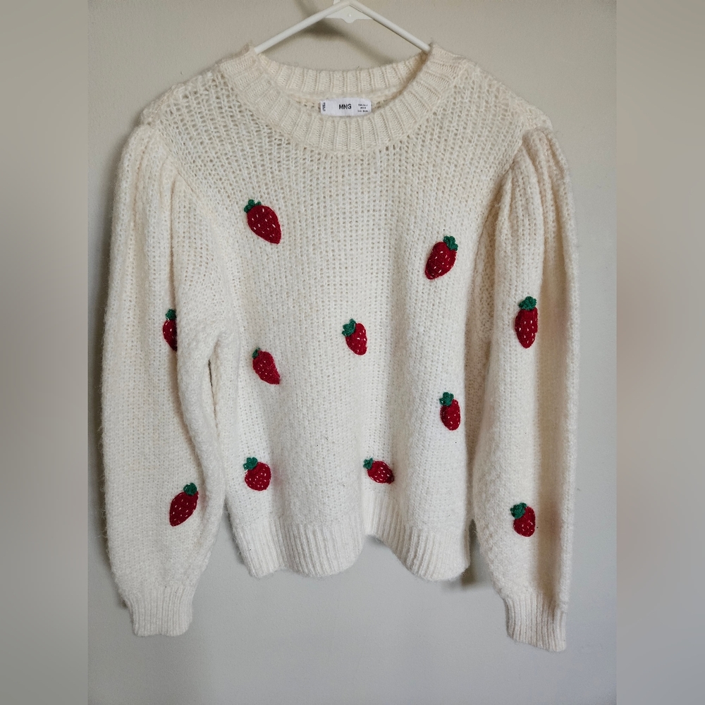 Mango Strawberry Knit Embroidered Sweater, M